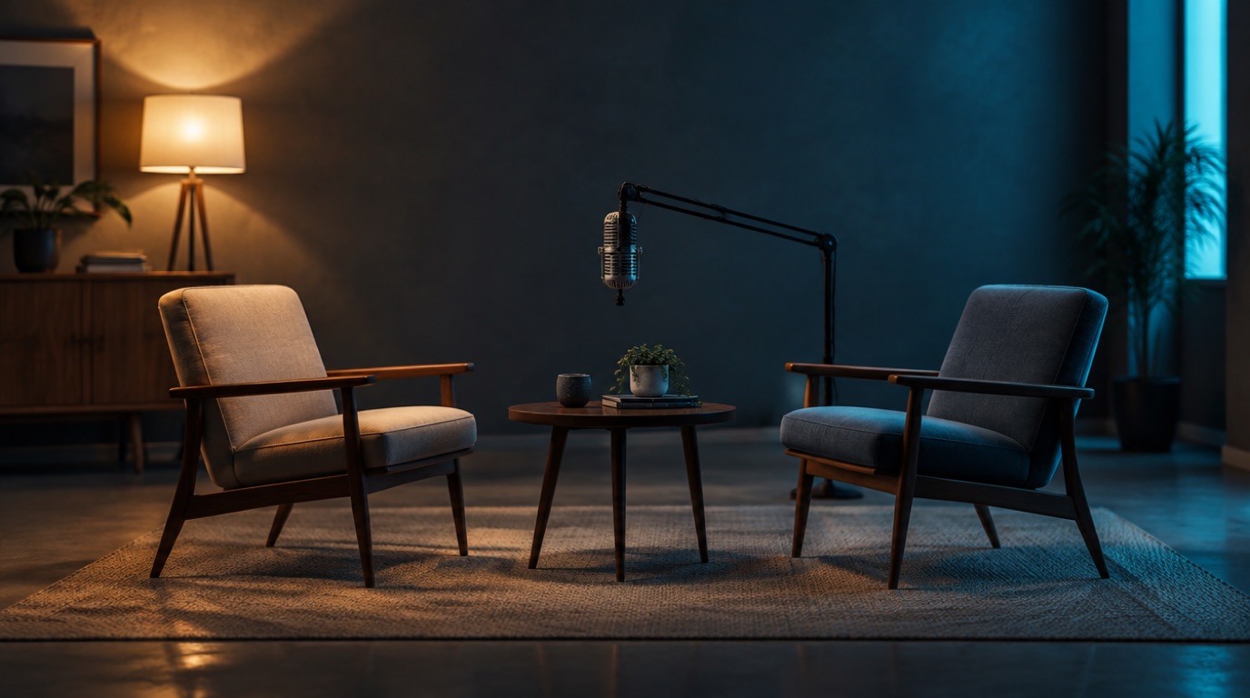 Two chairs facing each other across a small table with a vintage microphone between them, one lit warm and one cyan.