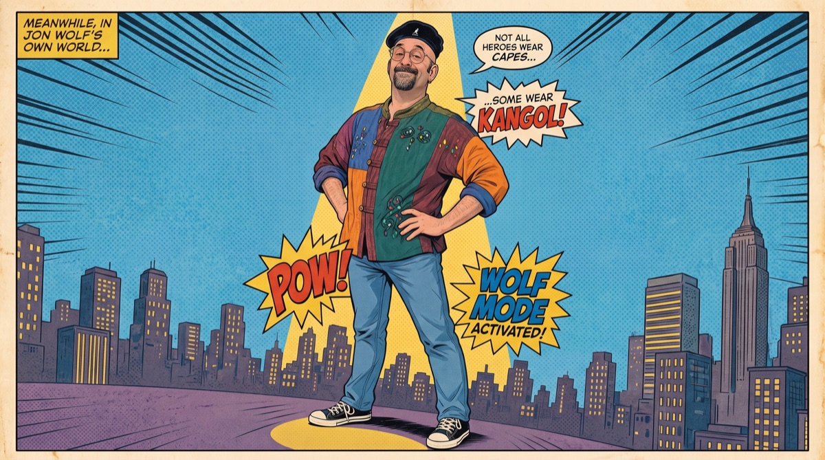Jon Wolf drawn as a comic book hero in a Kangol cap and patchwork jacket, with POW! and WOLF MODE ACTIVATED! bursts