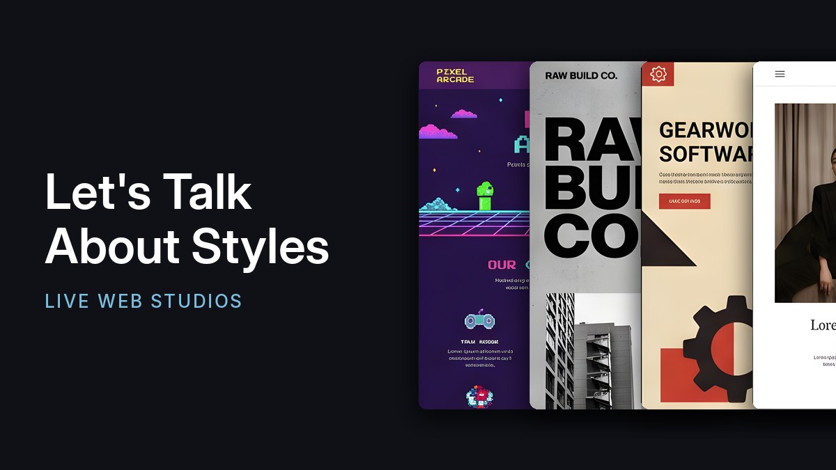 Four web design styles shown side by side: retro, brutalist, constructivist, editorial