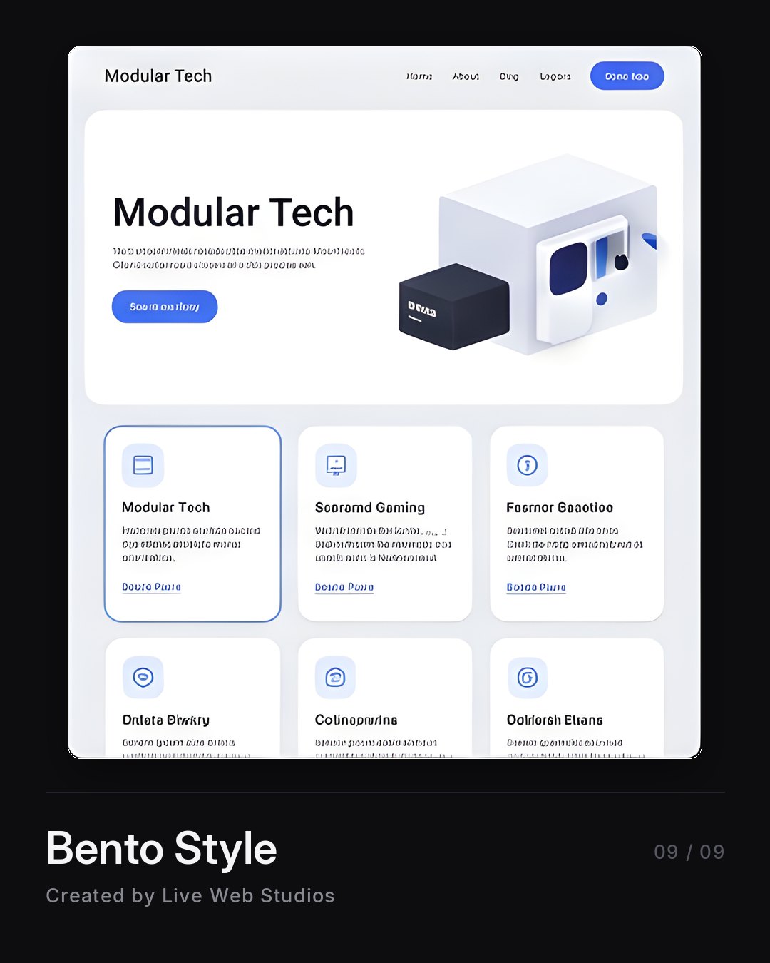 Bento grid website design for a tech product, rounded feature cards in a modular layout