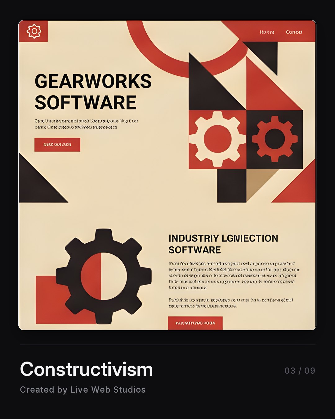 Constructivist website design for an industrial software company, red and black geometry with gears