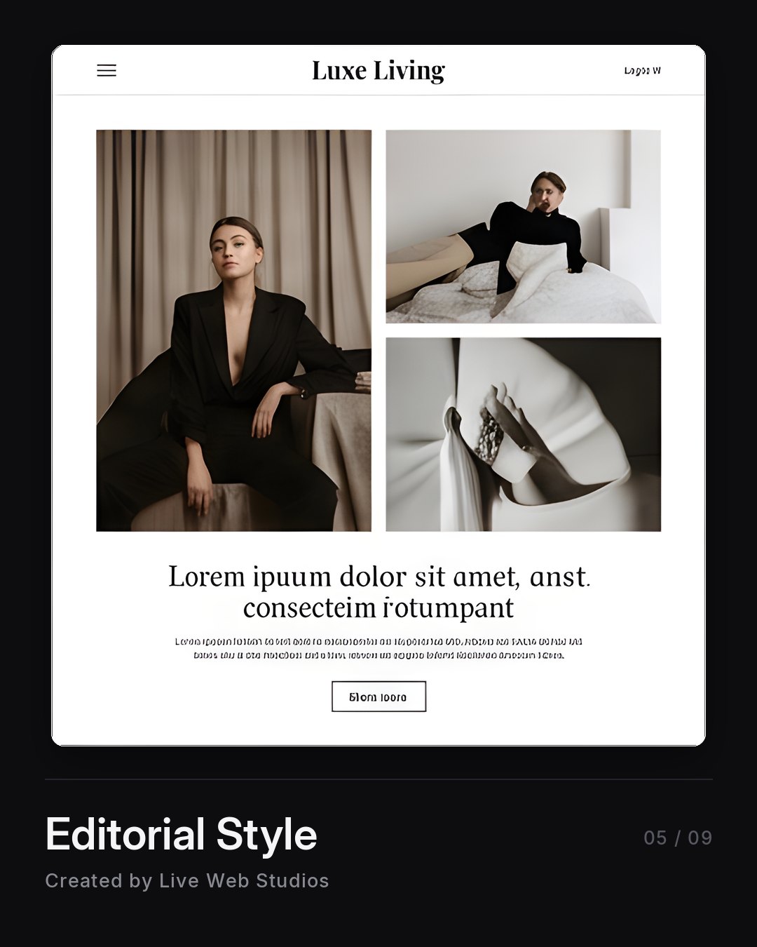 Editorial style website design for a lifestyle magazine, serif headlines and full-bleed photography