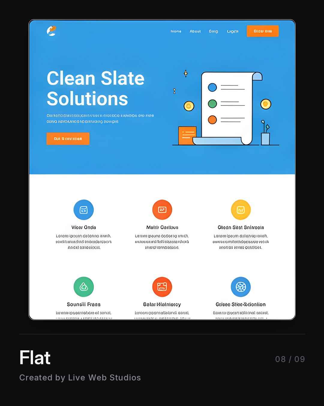 Flat design website for a software company, bright blue with simple icon illustrations