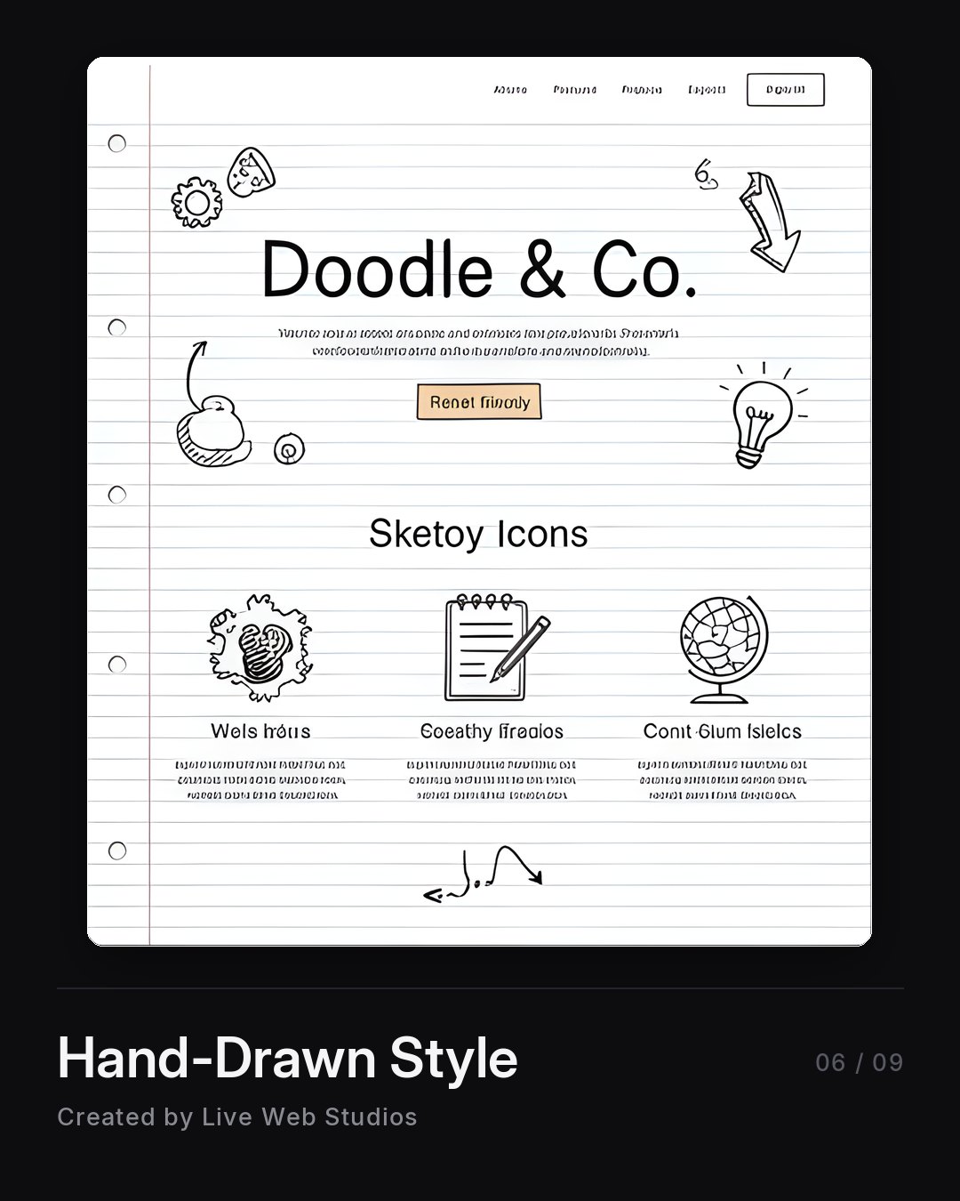 Hand-drawn website design on notebook paper with sketched icons and arrows