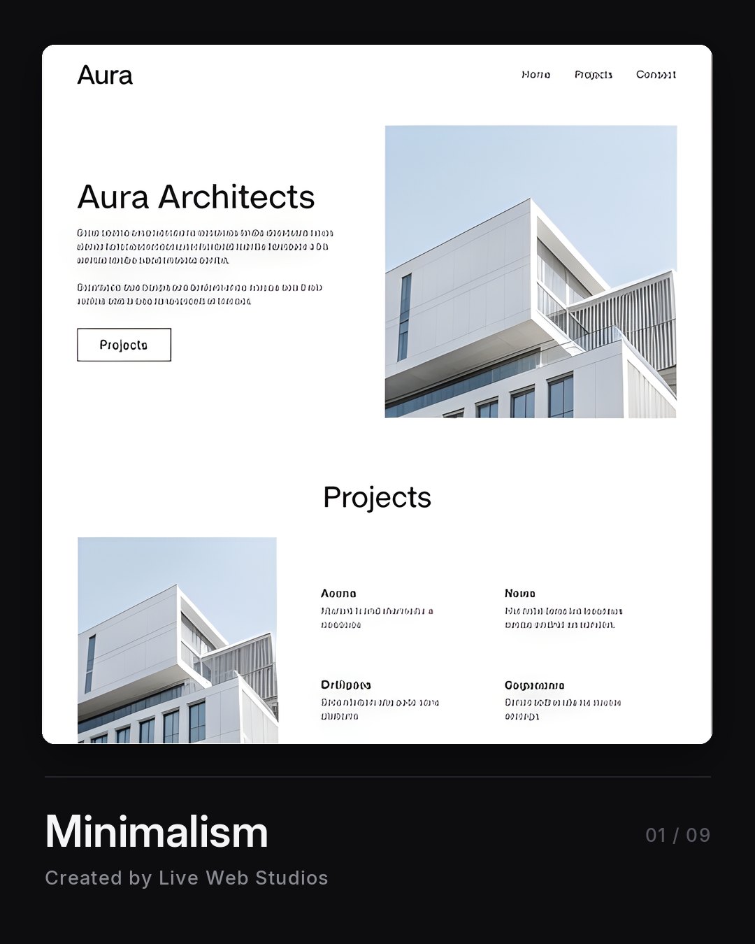 Minimalist website design for an architecture firm, white space and thin type