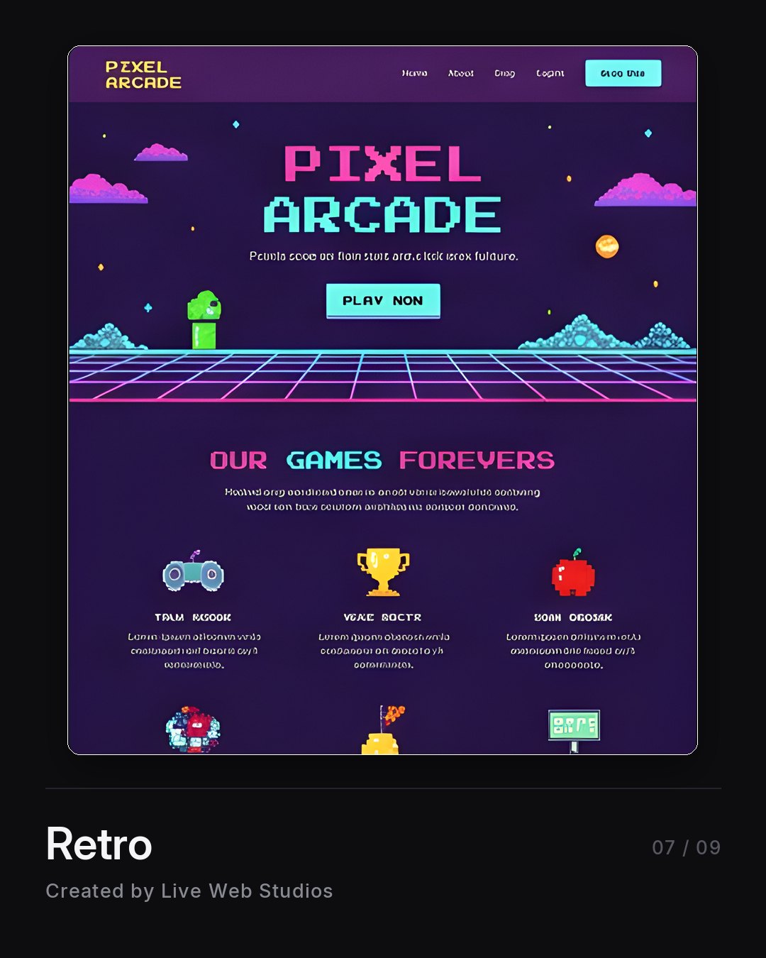 Retro pixel-art website design for an arcade, neon grid and 8-bit type