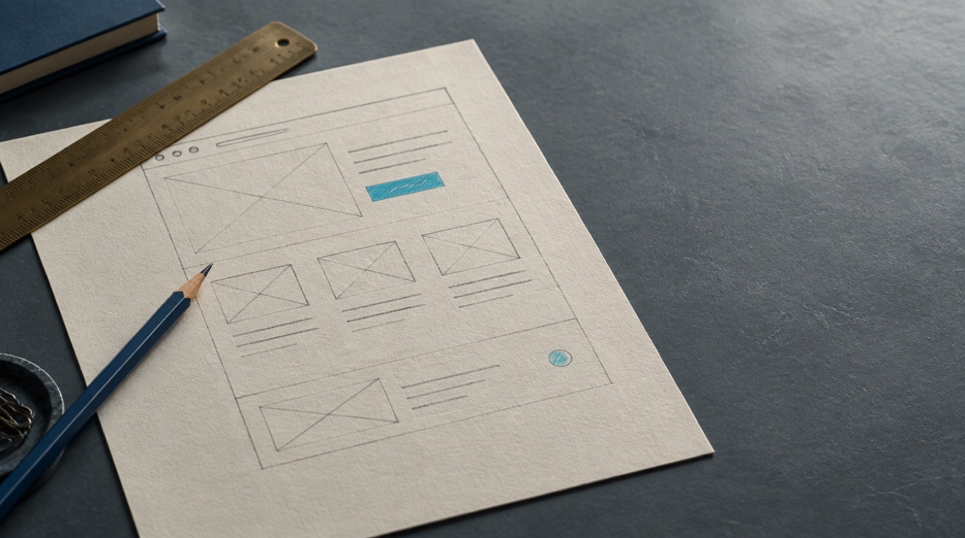 A pencil wireframe sketch of a simple page layout on off-white paper, with a brass ruler and pencil across it.