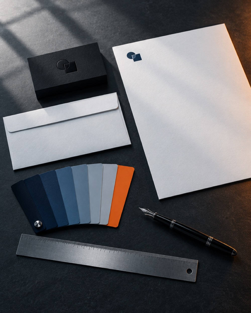 Brand identity kit on a dark slate desk: embossed black business cards, letterhead, envelope, a fan of navy to orange color swatches, fountain pen and steel ruler