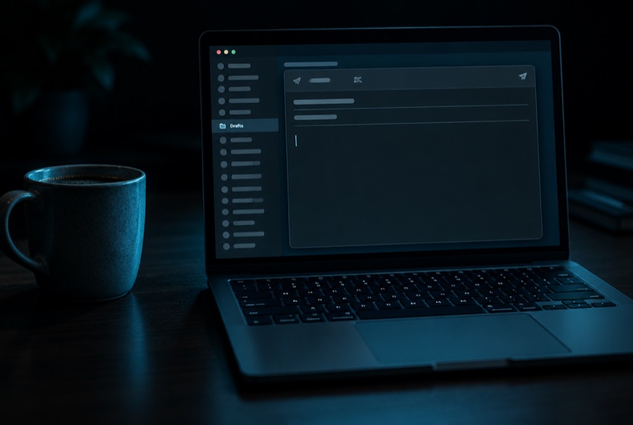 A laptop on a dark desk showing an empty email draft with the cursor waiting, a cold mug of coffee beside it