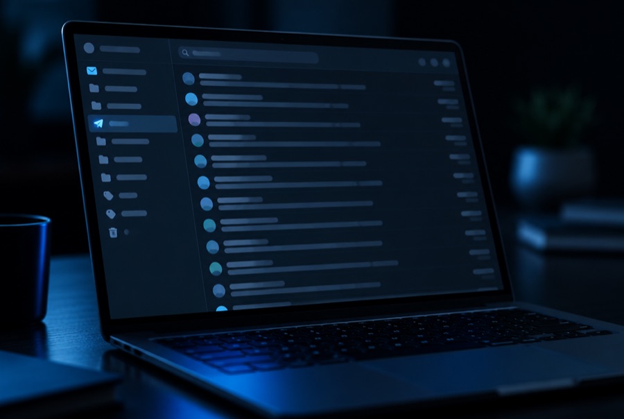 Dark-mode email application open to the sent folder on a laptop in a dim room, a long list of sent messages down the screen