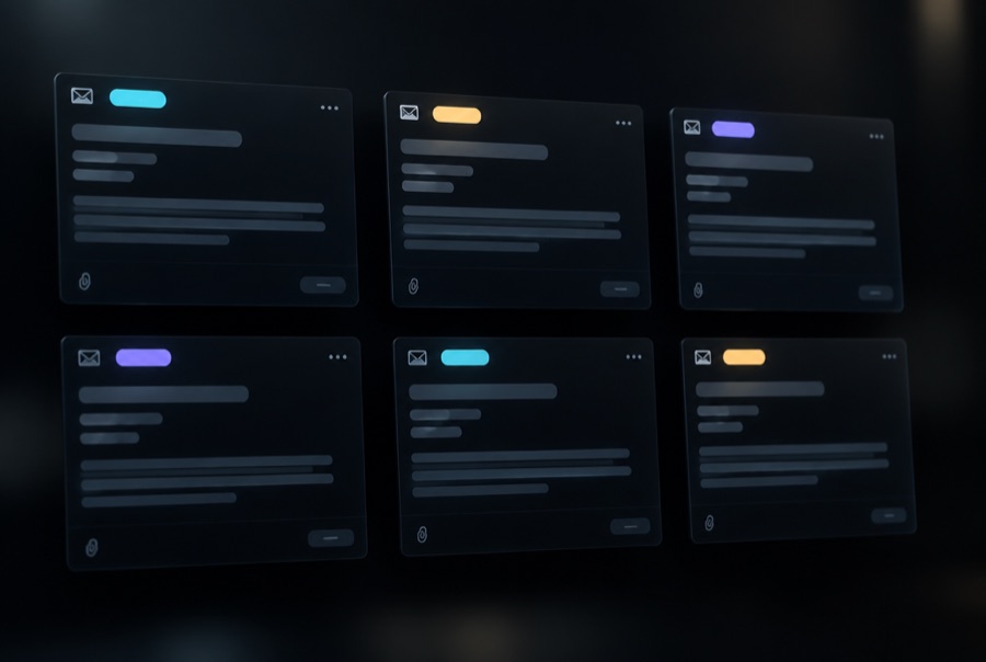 Six dark email draft panels floating in a grid, each tagged with a different coloured label chip