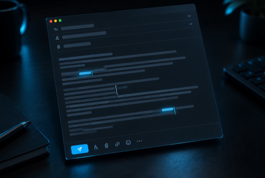 A dark-mode email compose window on a desk, the body part written with a cursor sitting mid-paragraph and two lines marked for revision
