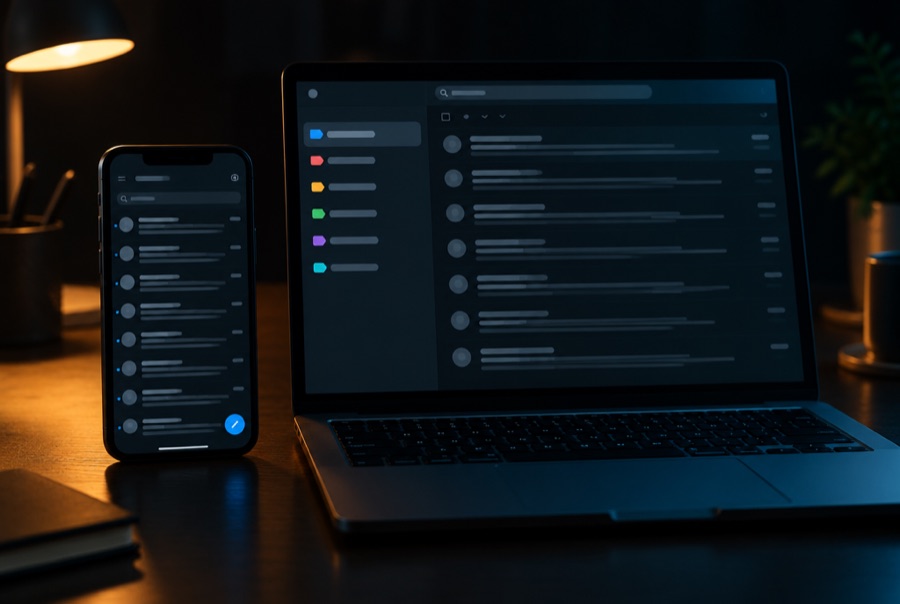 A laptop and a phone side by side on a desk under a warm lamp, both open to the same dark-mode inbox with six saved labels in the sidebar