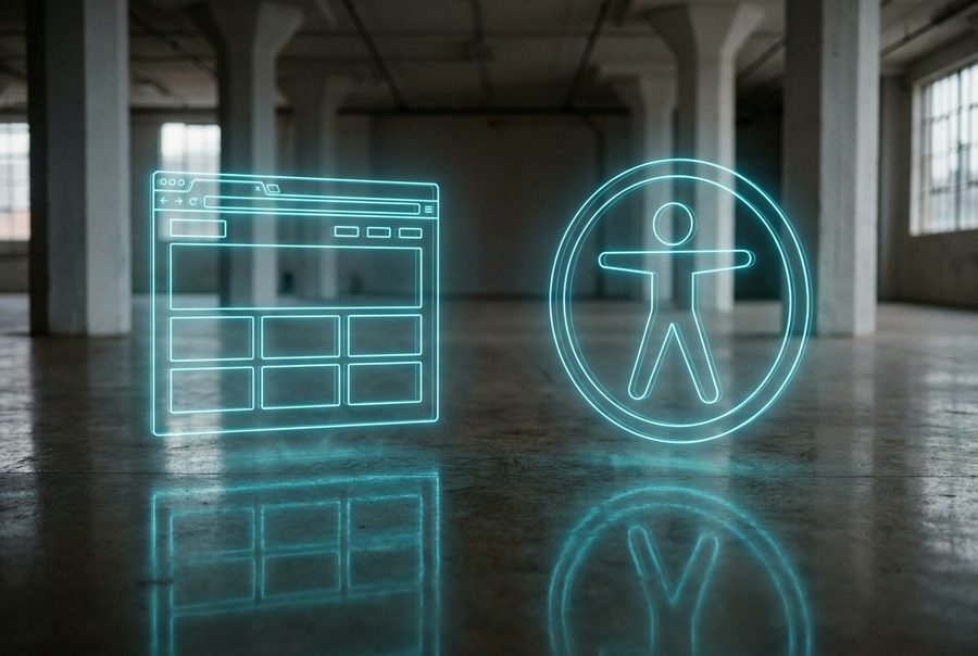 Cyan wireframe hologram of a browser window beside a universal accessibility symbol