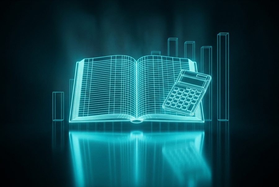 Cyan wireframe hologram of a ledger and calculator against rising bar columns