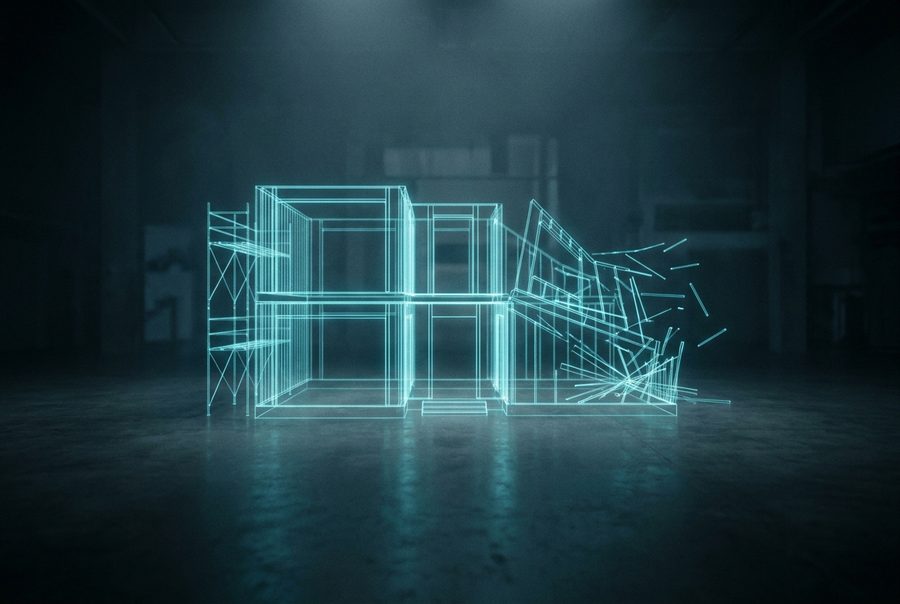 Cyan wireframe hologram of a half-built website structure with one section collapsed