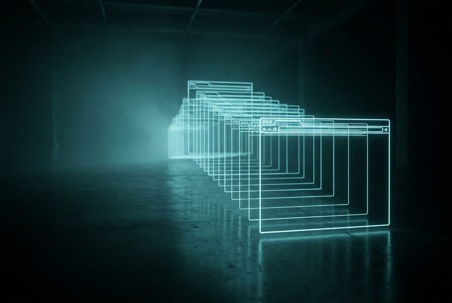 Cyan wireframe hologram of archived browser windows receding into the distance