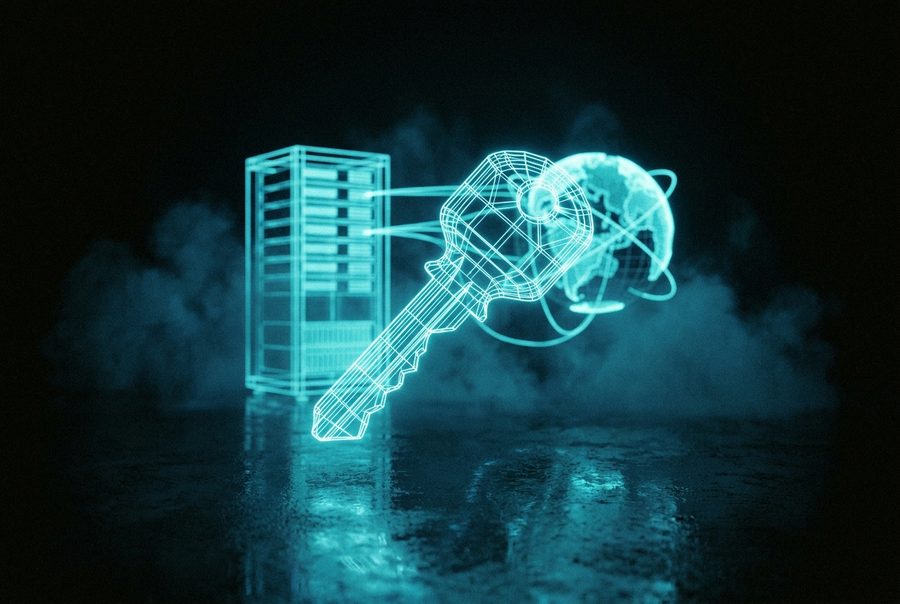 Cyan wireframe hologram of a server rack and globe joined by network lines, with a key in front