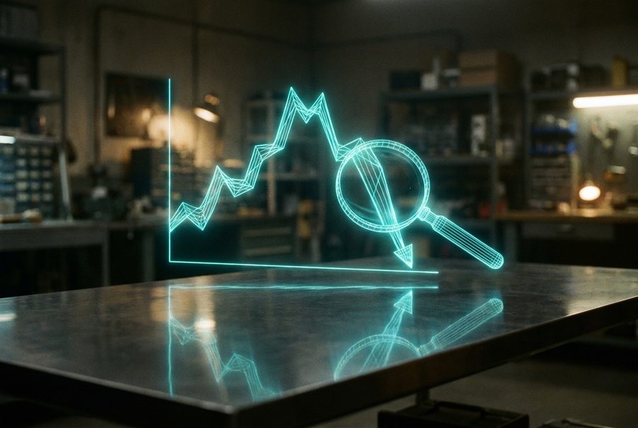 Cyan wireframe hologram of an analytics line crashing downward under a magnifying glass