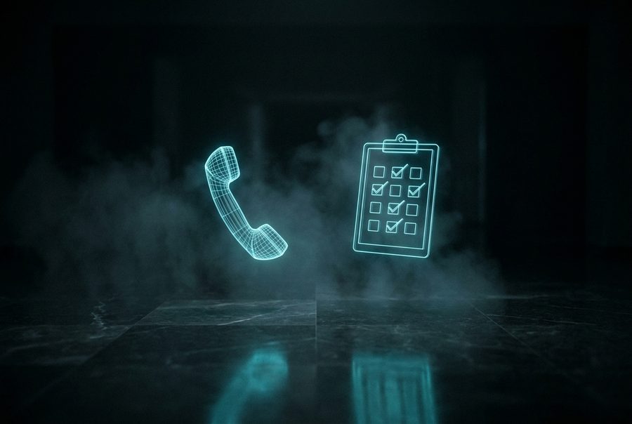 Cyan wireframe hologram of a telephone handset beside a checklist