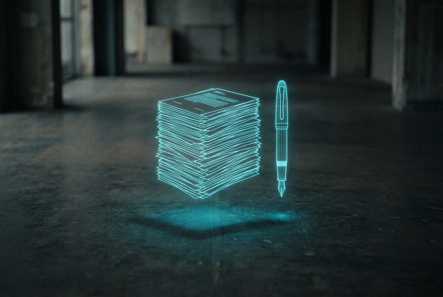 Cyan wireframe hologram of a stack of documents beside a fountain pen
