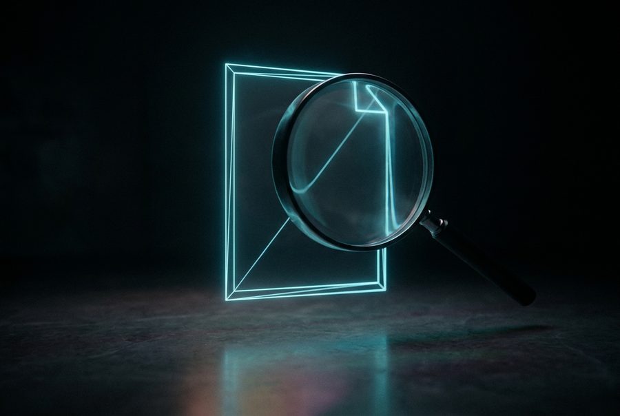 Cyan wireframe hologram of a single memo page under a magnifying glass