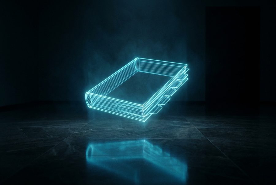 Cyan wireframe hologram of a bound report with tabbed exhibit dividers