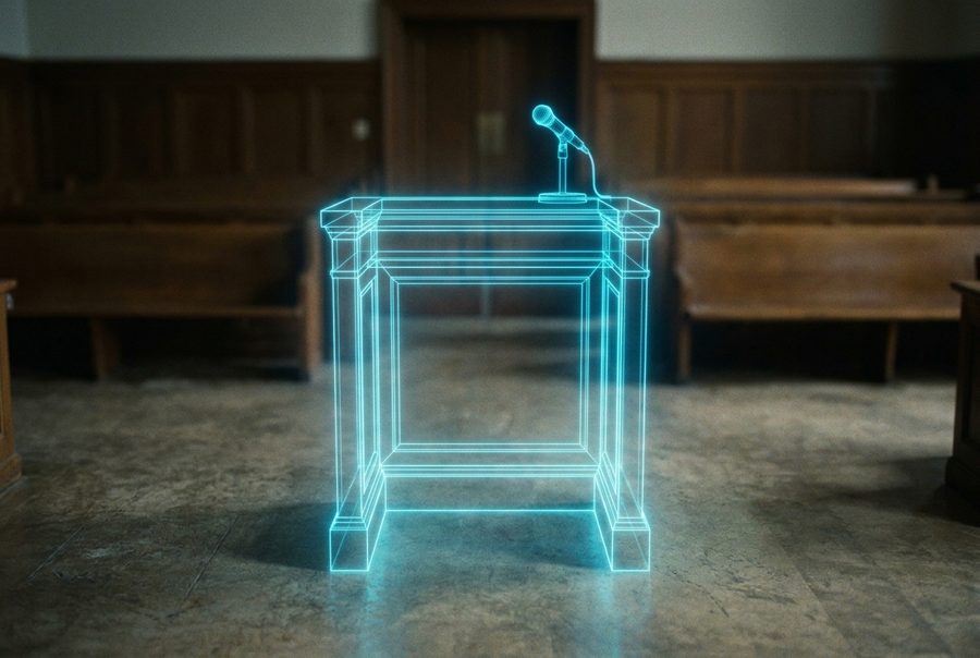 Cyan wireframe hologram of a witness stand and microphone in a courtroom