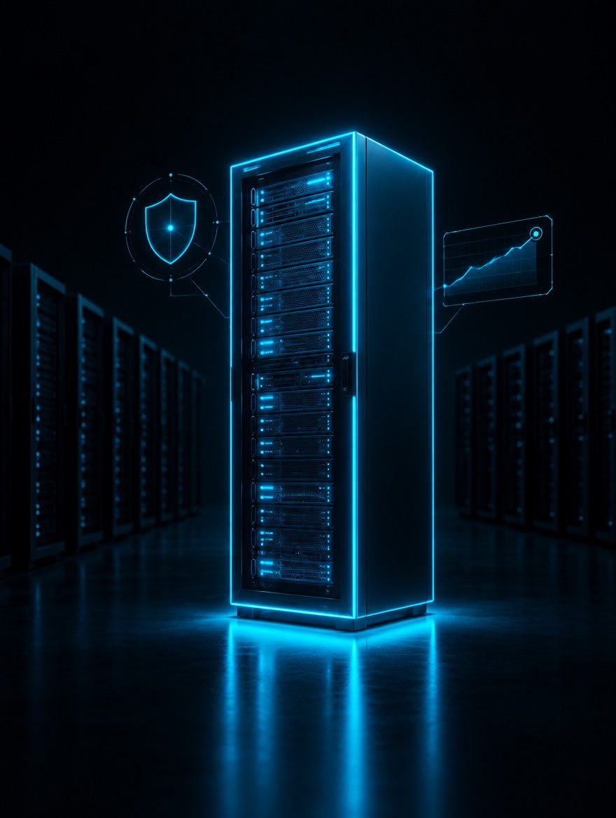 A single server rack glowing cyan, standing apart from rows of dim unlit racks behind it