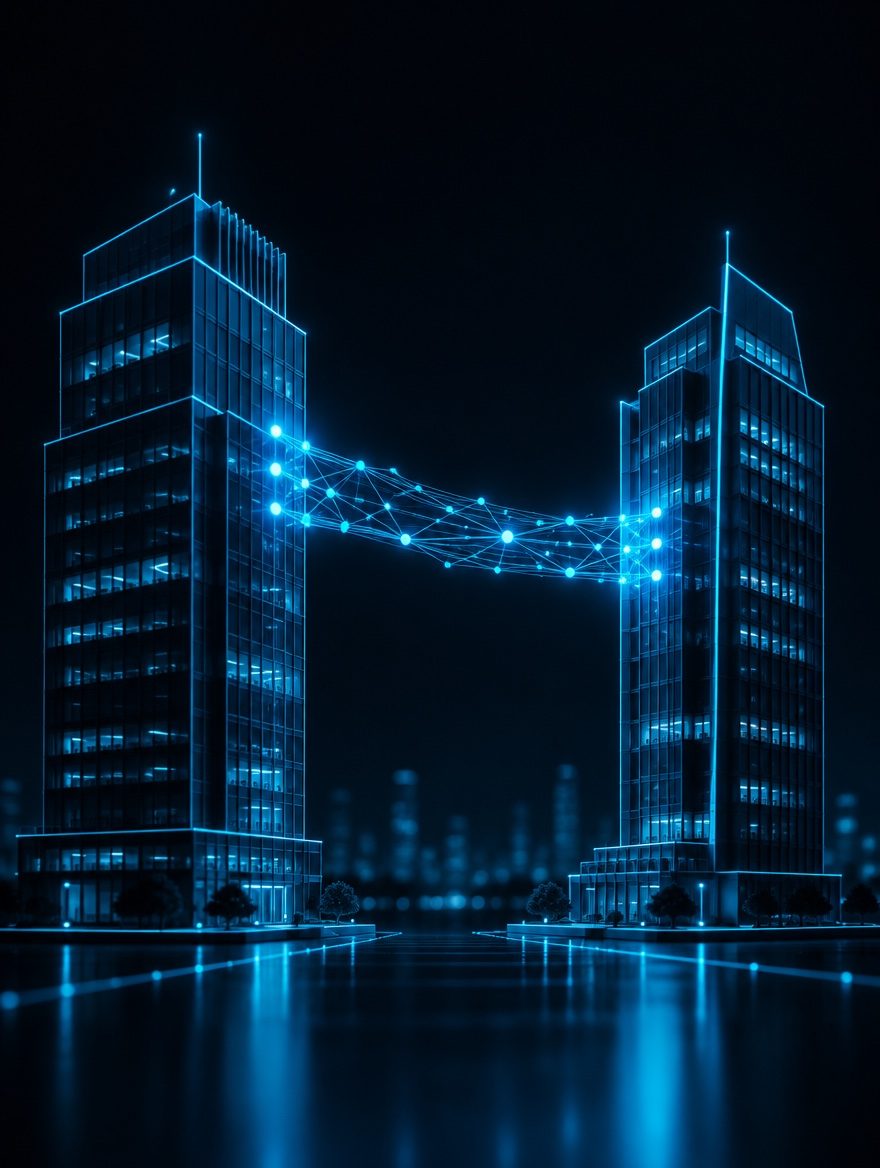 Two glowing cyan office towers linked by a bridge of connected data nodes