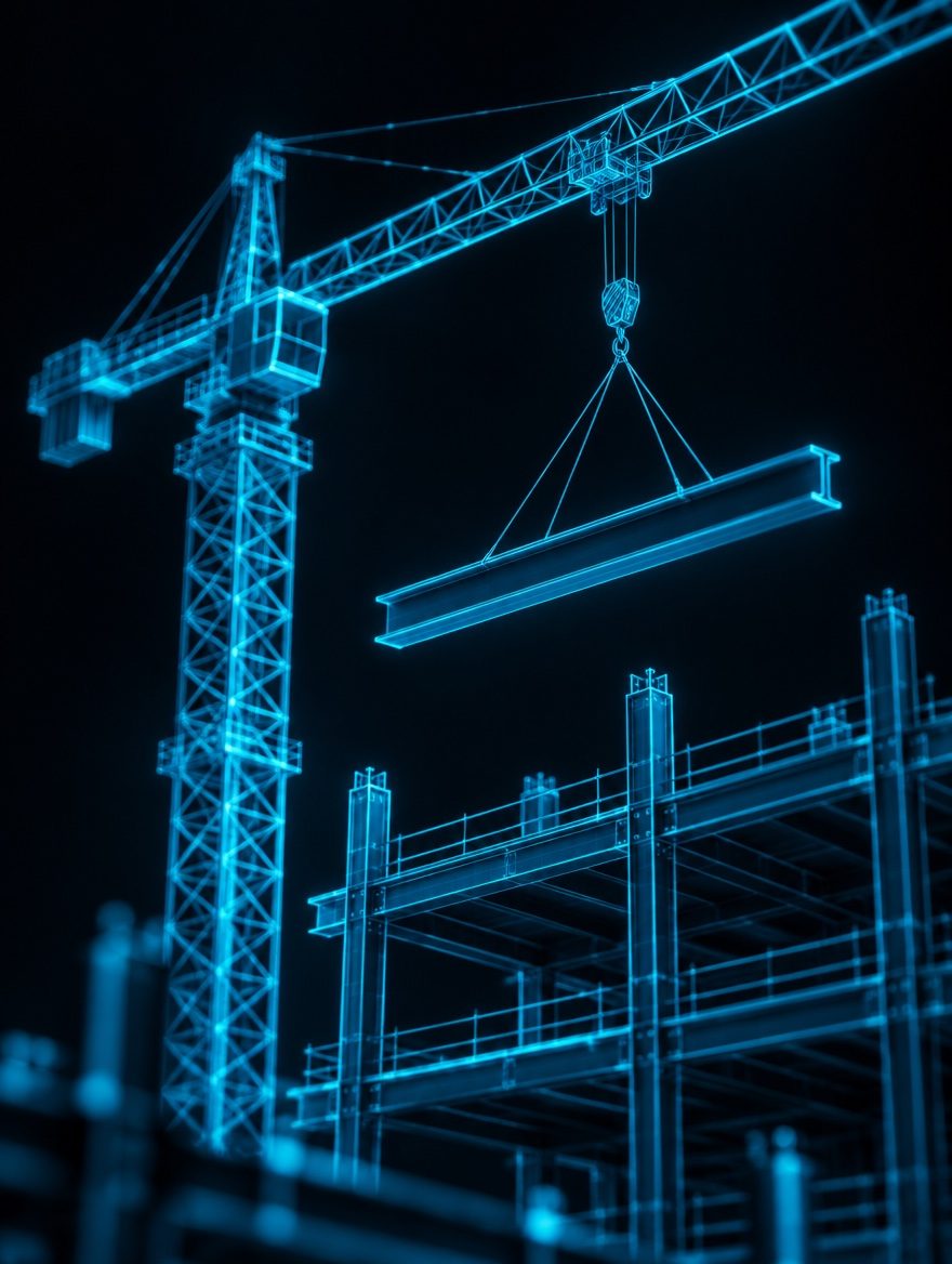 Glowing cyan wireframe tower crane lifting a beam above a steel structural frame