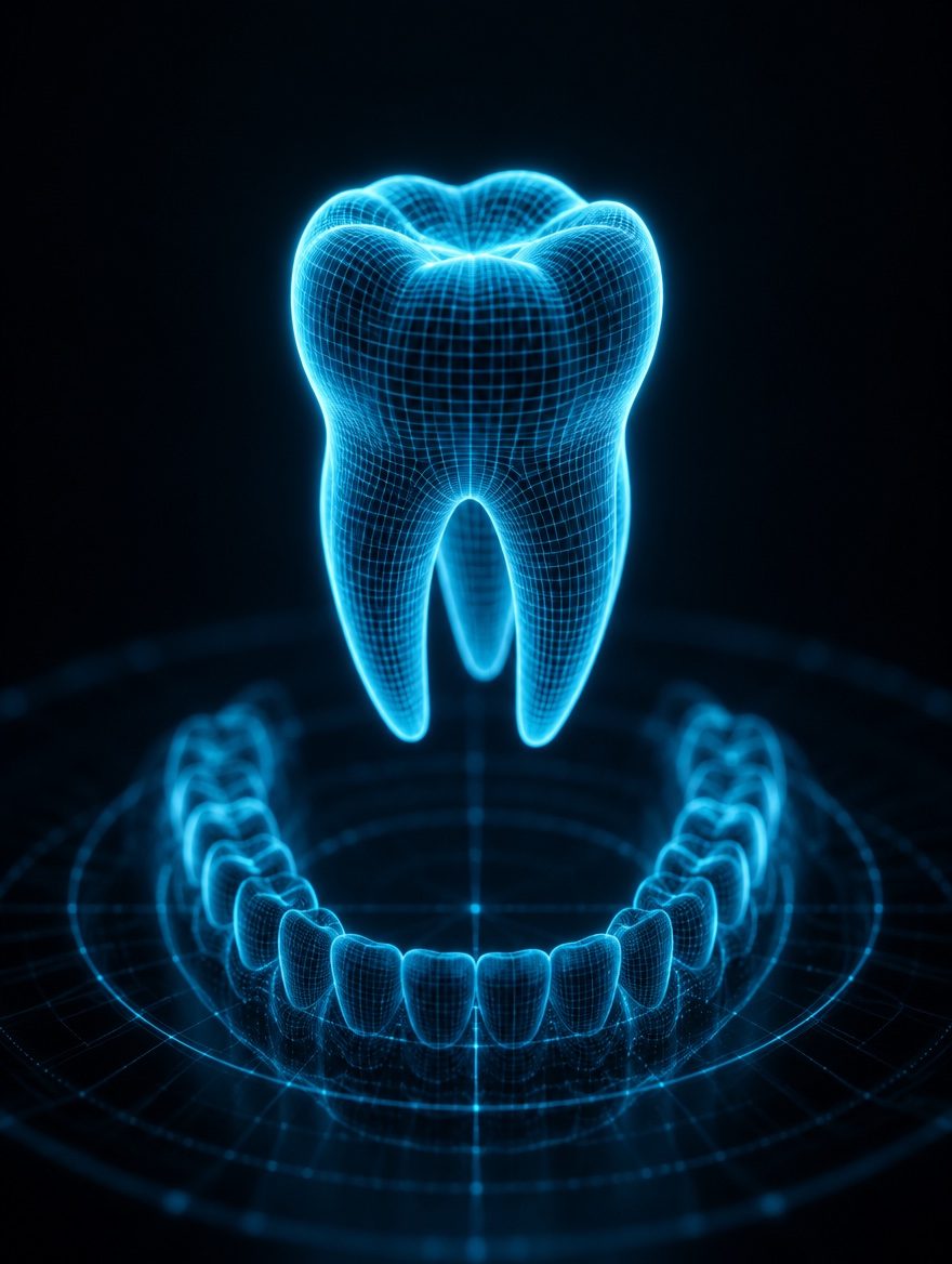 Glowing cyan wireframe molar tooth floating above a dental arch diagram