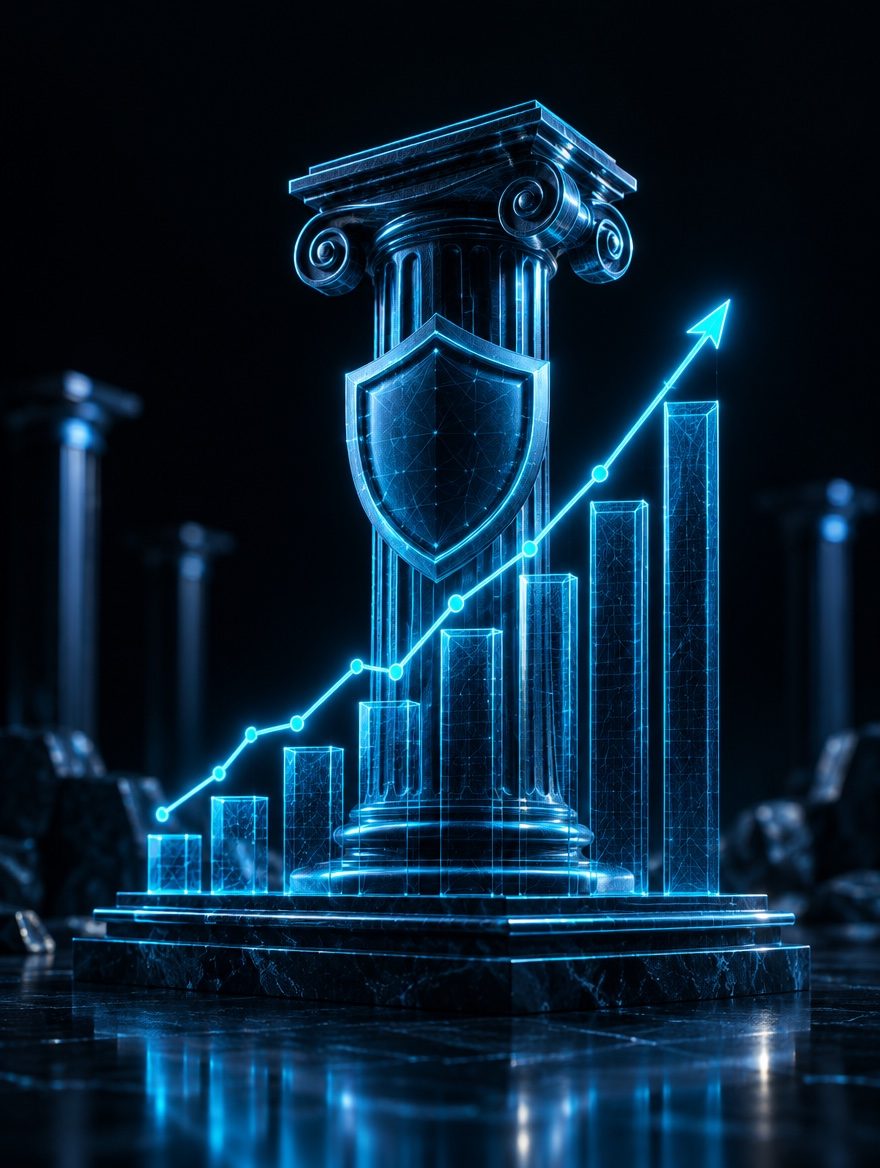 Glowing cyan rising growth chart passing through a classical column and security shield