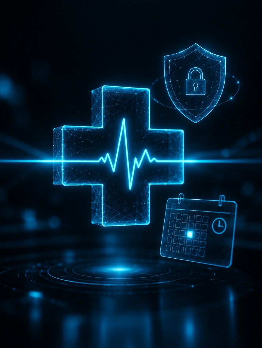 Glowing cyan heartbeat line flowing through a medical cross outline