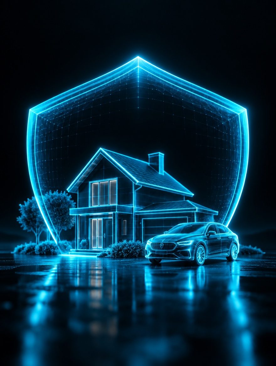 Glowing cyan protective shield arcing over a house and a car