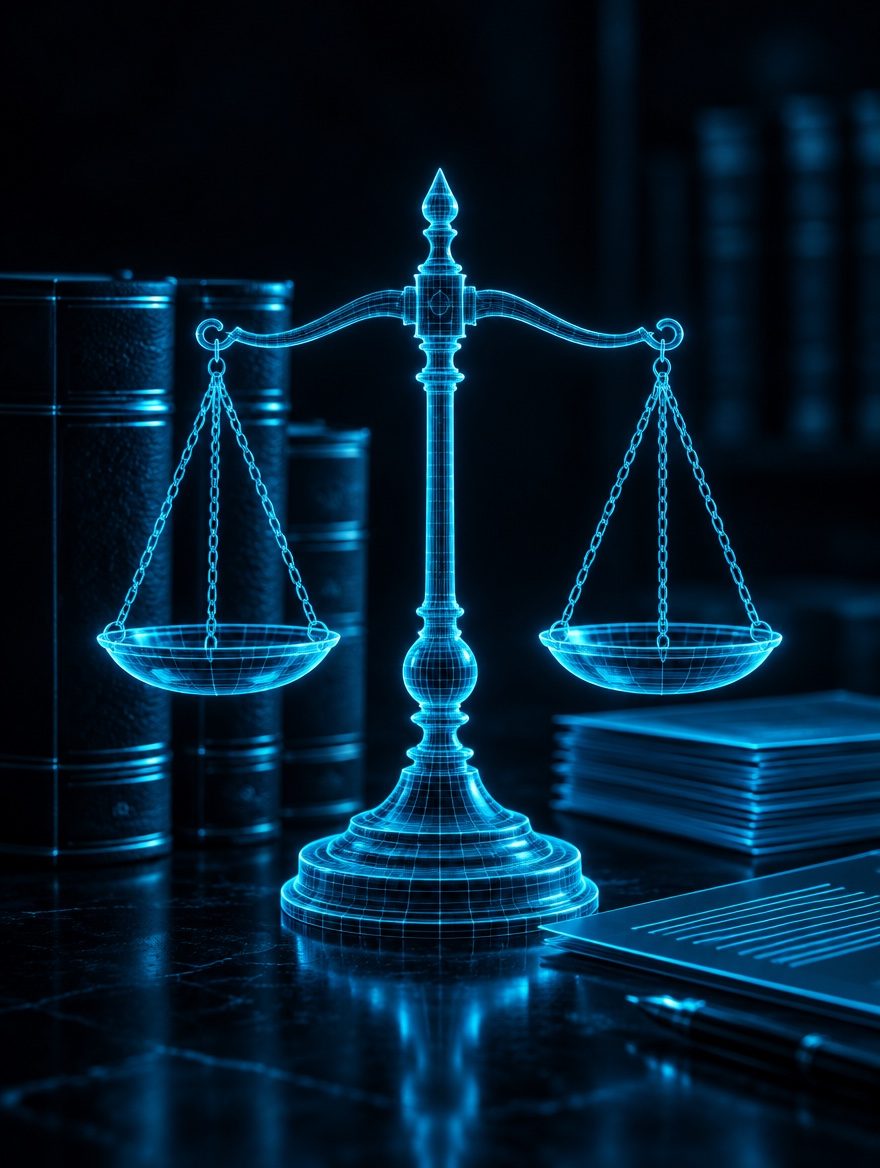 Glowing cyan wireframe scales of justice with law books behind
