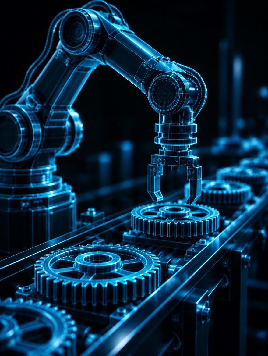 Glowing cyan robotic arm above a conveyor line with interlocking gears