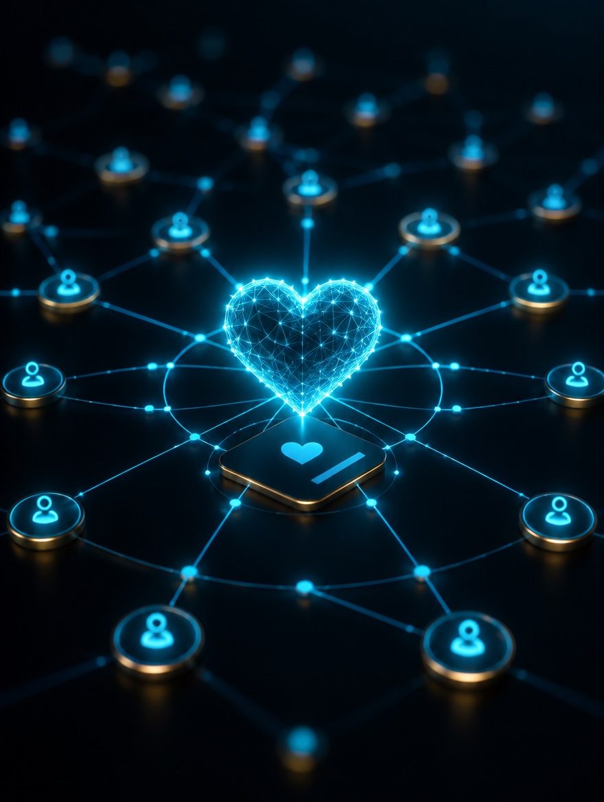 Glowing cyan heart at the center of a radiating network of connected community nodes