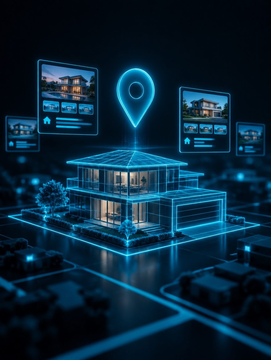 Glowing cyan wireframe house with a map location pin and floating listing cards