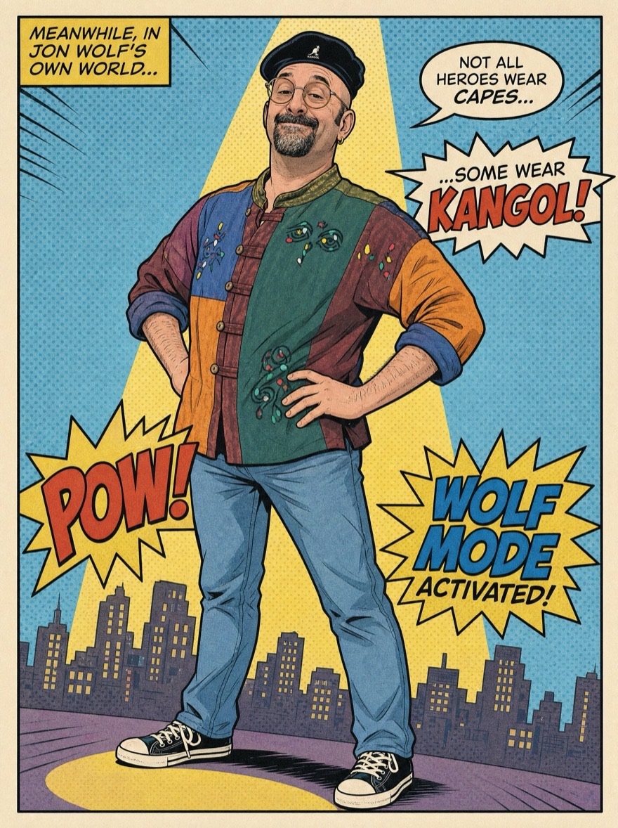 Comic-book panel illustration of Jon Wolf in a Kangol cap and patchwork jacket, hands on hips