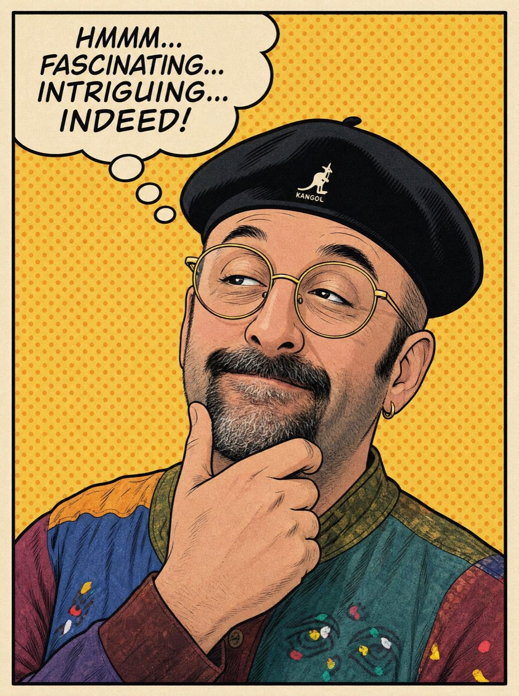Pop-art comic panel of Jon Wolf in a black beret, hand on chin, thinking