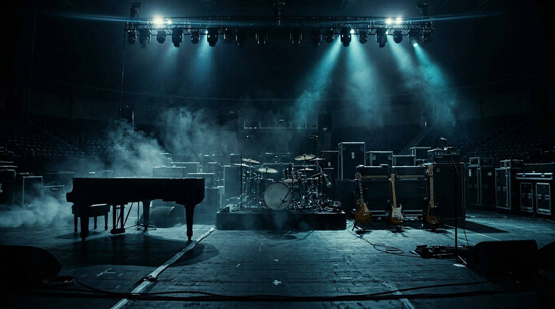 An empty concert stage under teal spotlights and haze: a grand piano, a drum kit on a riser, three electric guitars on stands, and a wall of amplifiers and road cases.