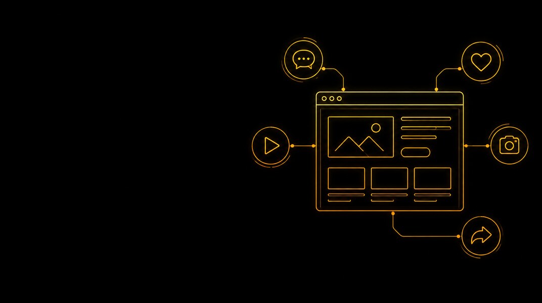 Neon line illustration of a website layout ringed by media, messaging, and sharing icons