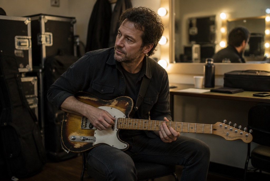 Session guitarist backstage in a theater dressing room