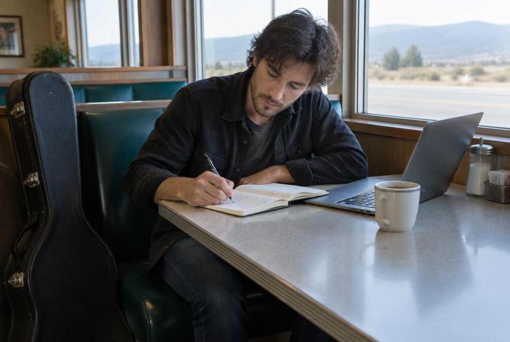 Touring musician writing in a notebook at a diner booth