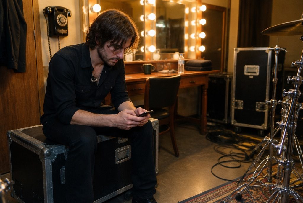 Musician backstage on a road case checking his phone