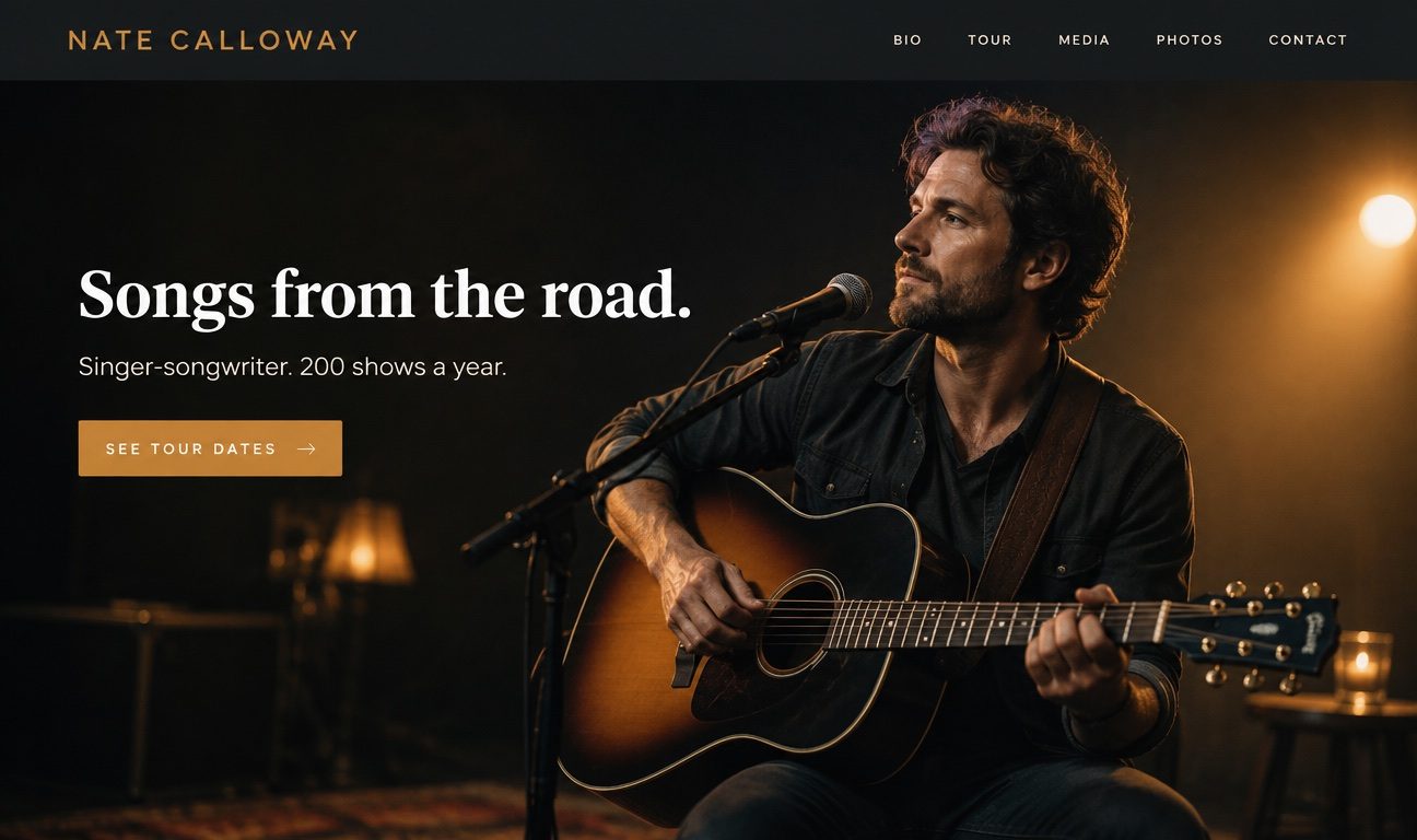 Home page of a solo musician's website: nav menu, hero photo, headline, and one call to action