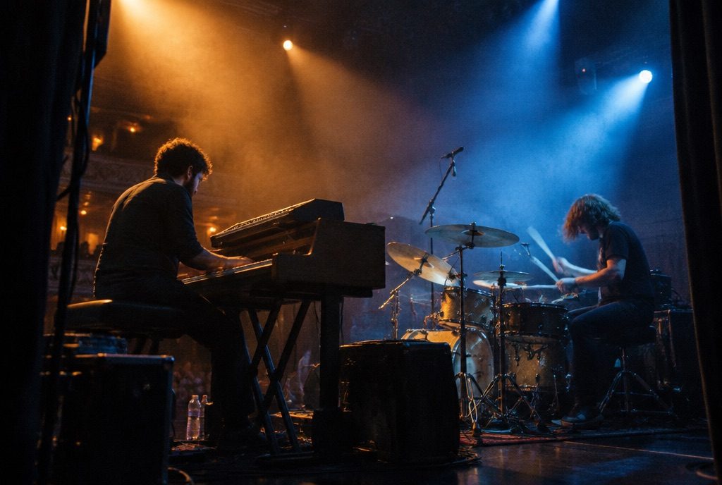 Keyboard player and drummer under stage lights