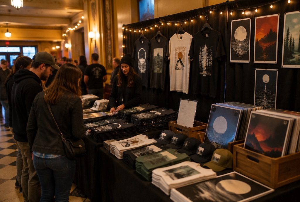 Band merch table in a concert venue lobby