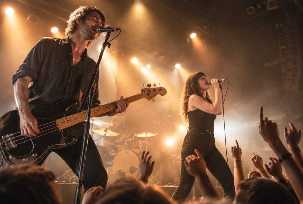 Bassist and singer on stage, shot from the photo pit